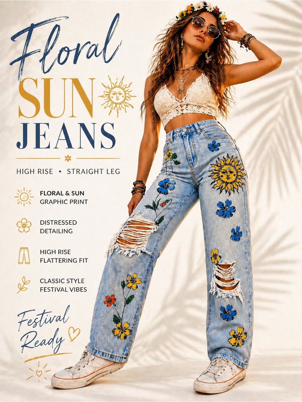SHEIN Distressed Floral Sun Print Jeans High Rise Straight Festival Denim